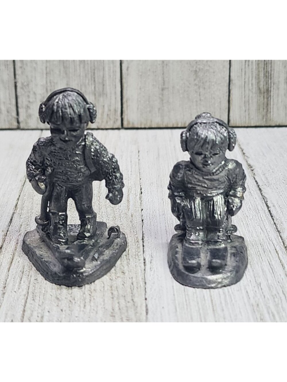 Vtg Ricker Bartlett Pewter Figurines Boy and Girl Skiing 2" Tall 1980's SET of 2